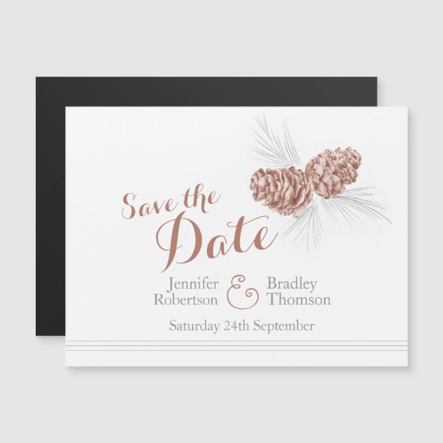 Save the date brown pine cone art magnetic invitation (Front/Back)