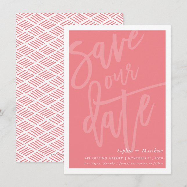 SAVE THE DATE brush lettered script coral pink Invitation (Front/Back)