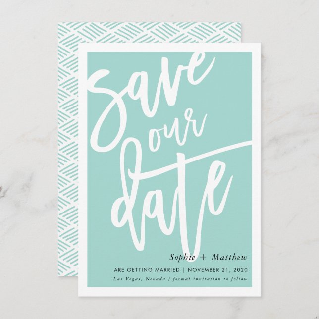 SAVE THE DATE brush lettered script mint green Invitation (Front/Back)