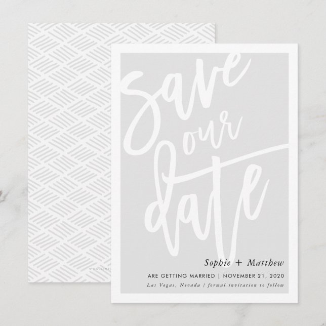 SAVE THE DATE brush lettered script pale soft grey Invitation (Front/Back)