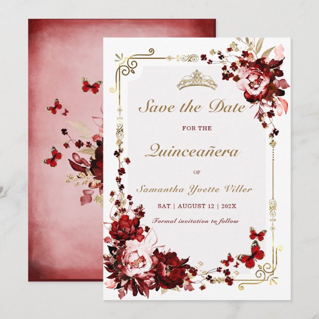Save The Date Burgundy and Gold Quinceanera Invitation (Front/Back)