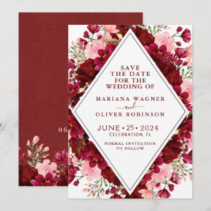 Save the Date Burgundy and Pink Watercolor Floral Invitation