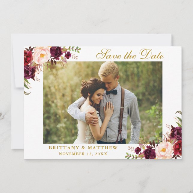 Save The Date Burgundy Floral Photo Gold Card (Front)