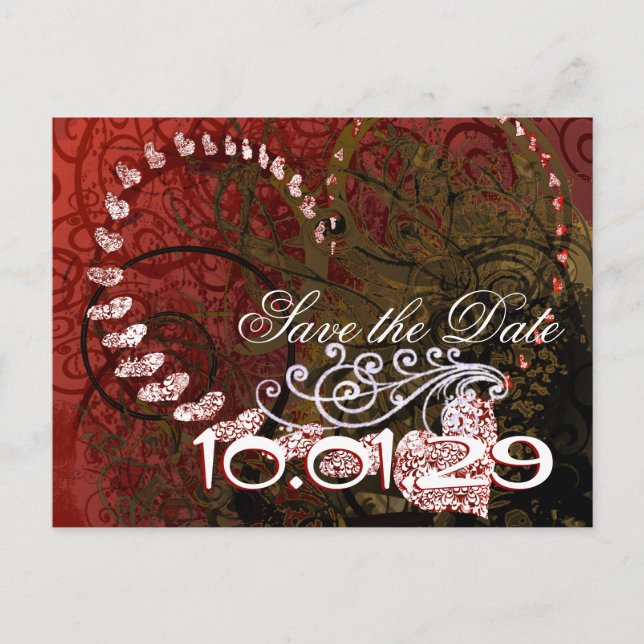 Save The Date Burgundy Hearts - Customised Announcement Postcard (Front)