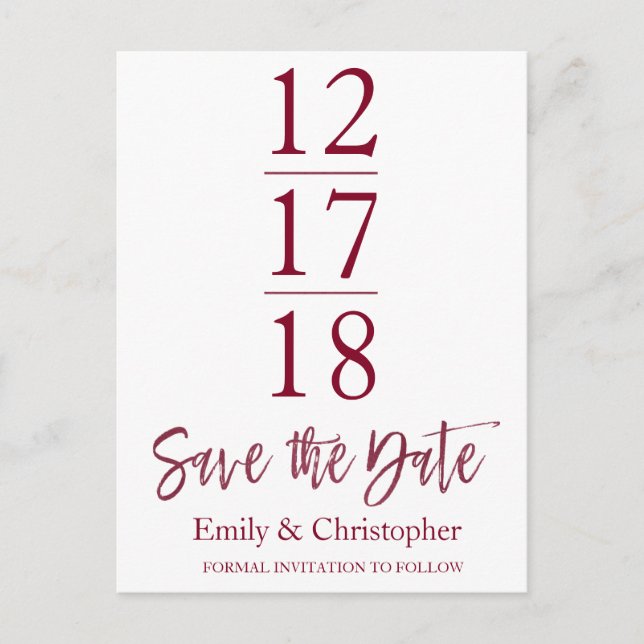 Save the Date Burgundy Marsala Modern Script Announcement Postcard (Front)
