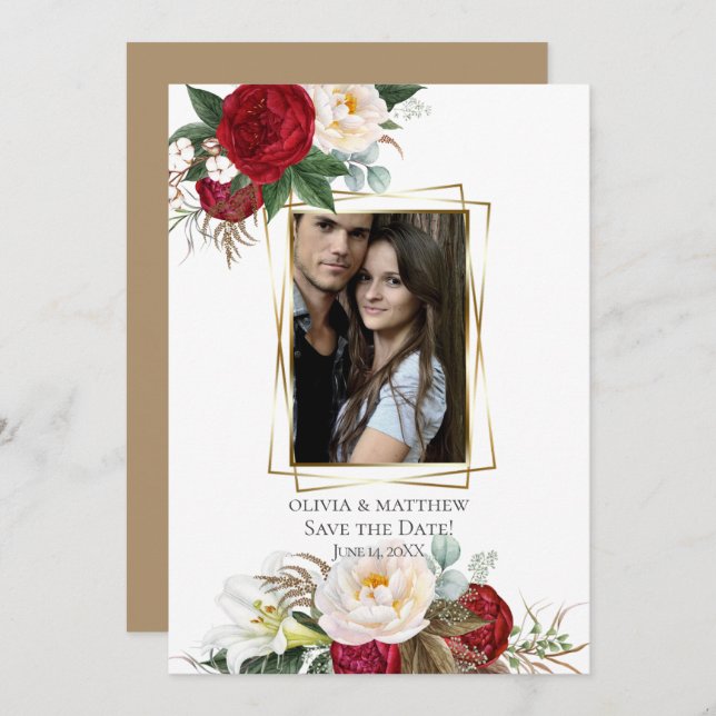 Save the Date  |  Burgundy Peony Floral Bouquets Invitation (Front/Back)