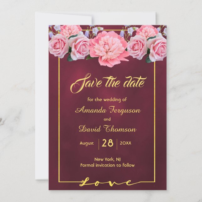 Save the date burgundy pink florals wedding (Front)