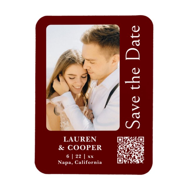 Save The Date Burgundy Red Stylish Modern Wedding Magnet (Vertical)