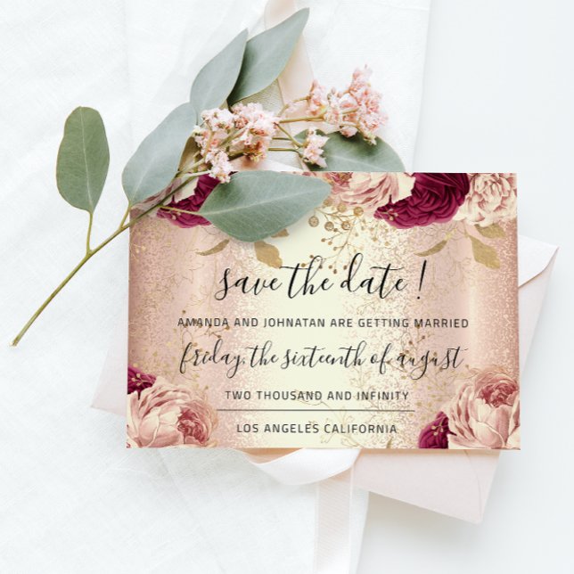 Save The Date Burgundy Rose Gold Roses Marsala (Creator Uploaded)