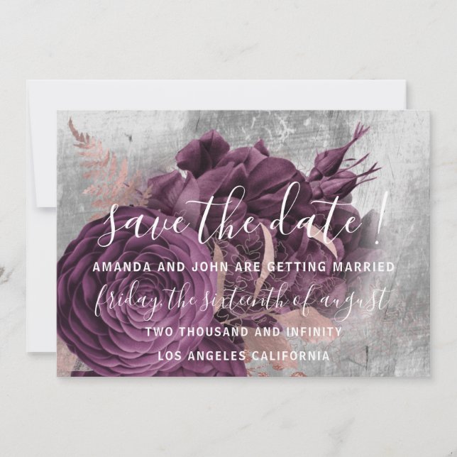 Save The Date Burgundy Wreath Rose Marsala Grey (Front)