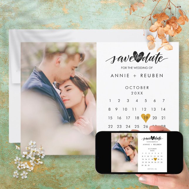 Save the Date Calendar Elegant Gold Heart Photo Invitation (Creator Uploaded)