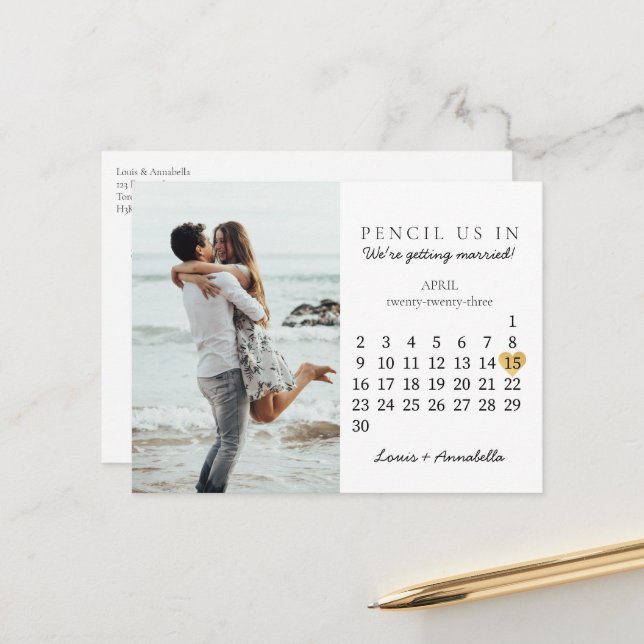 Save the Date Calendar Gold Heart April 2023 Postcard (Front/Back In Situ)