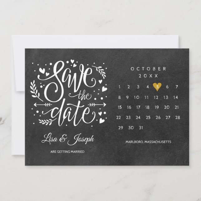 Save the Date Calendar Gold Heart Chalkboard Invitation (Front)