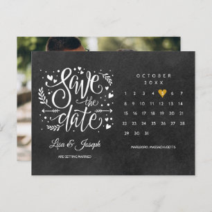 Save the Date Calendar Gold Heart Chalkboard Photo Postcard