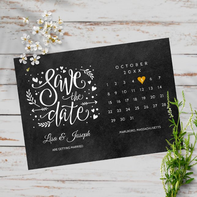 Save the Date Calendar Gold Heart Chalkboard Postcard (Creator Uploaded)
