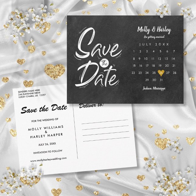 Save the Date Calendar Gold Heart Chalkboard Postcard (Save the Date Calendar Gold Heart Chalkboard Postcard)