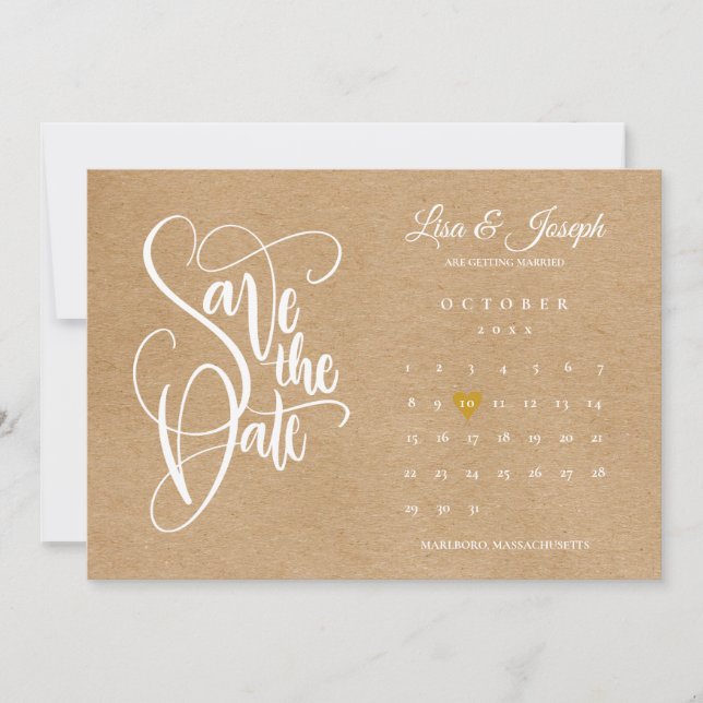 Save the Date Calendar Gold Heart Rustic Kraft Invitation (Front)