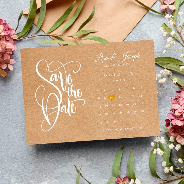 Save the Date Calendar Gold Heart Rustic Kraft Postcard (Creator Uploaded)