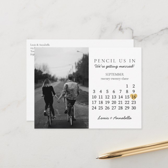 Save the Date Calendar Gold Heart September 2023 Postcard (Front/Back In Situ)