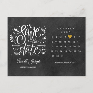 Save the Date Calendar Gold Love Heart Chalkboard Postcard