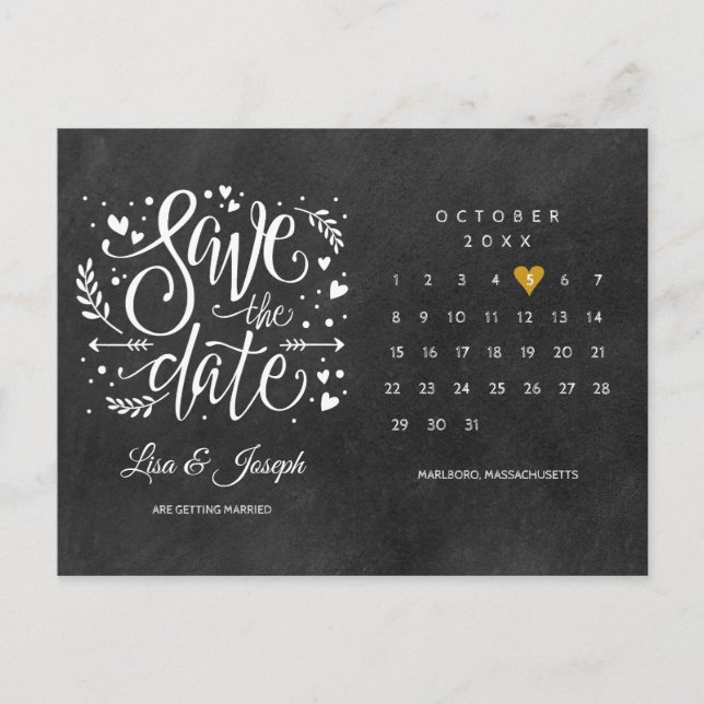 Save the Date Calendar Gold Love Heart Chalkboard Postcard (Front)