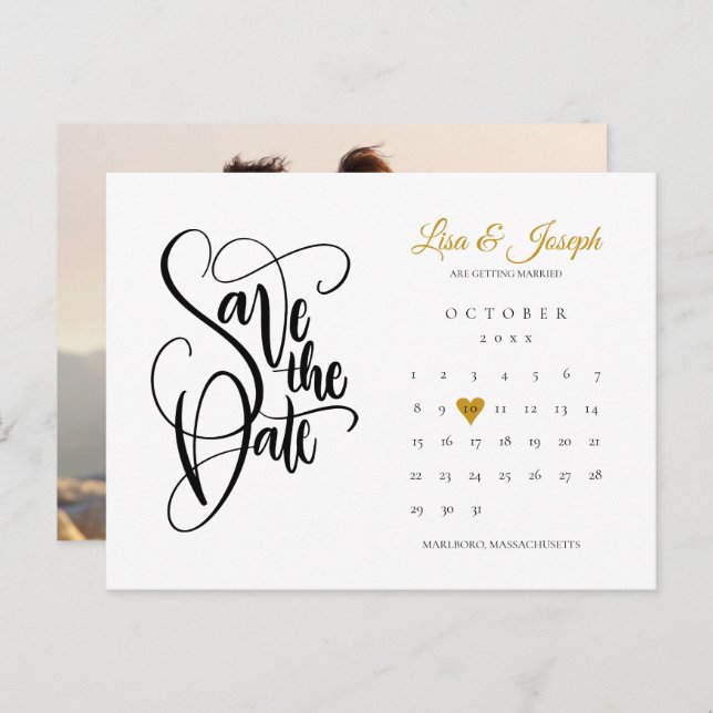 Save The Date Calendar Gold Love Heart Photo Announcement Postcard (Front/Back)