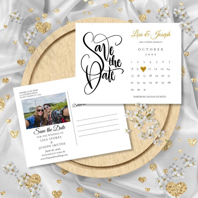 Save the Date Calendar Gold Love Heart Photo Announcement Postcard (Save the Date Calendar Gold Love Heart Photo Announcement Postcard)