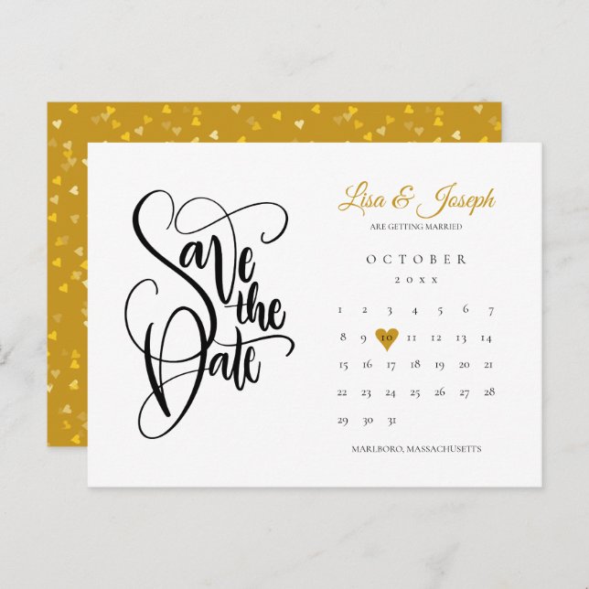 Save the Date Calendar Gold Love Heart Postcard (Front/Back)