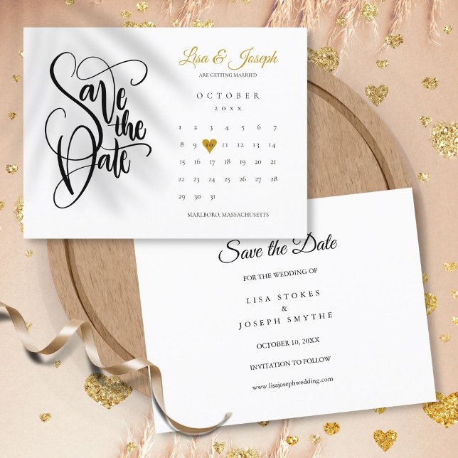 Save the Date Calendar Gold Love Heart Postcard (Save the Date Calendar Gold Love Heart Postcard)