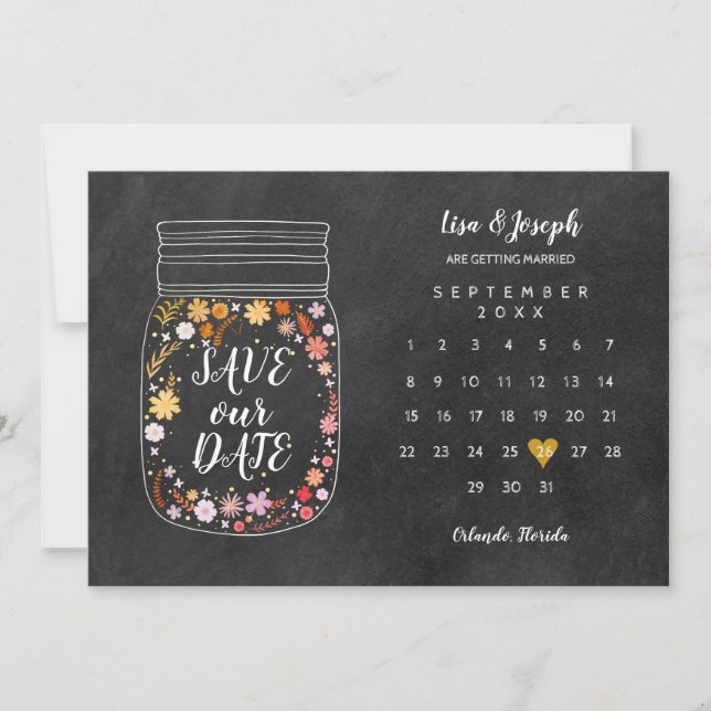 Save the Date Calendar Heart Mason Jar Chalkboard (Front)