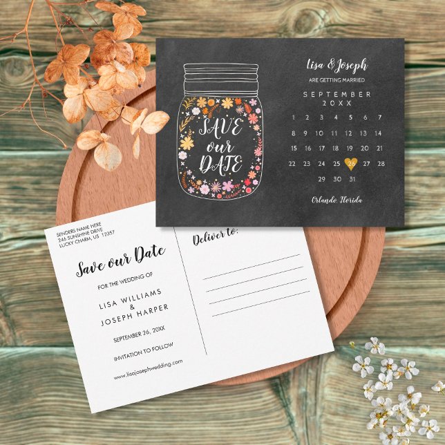 Save the Date Calendar Heart Mason Jar Chalkboard Postcard (Creator Uploaded)