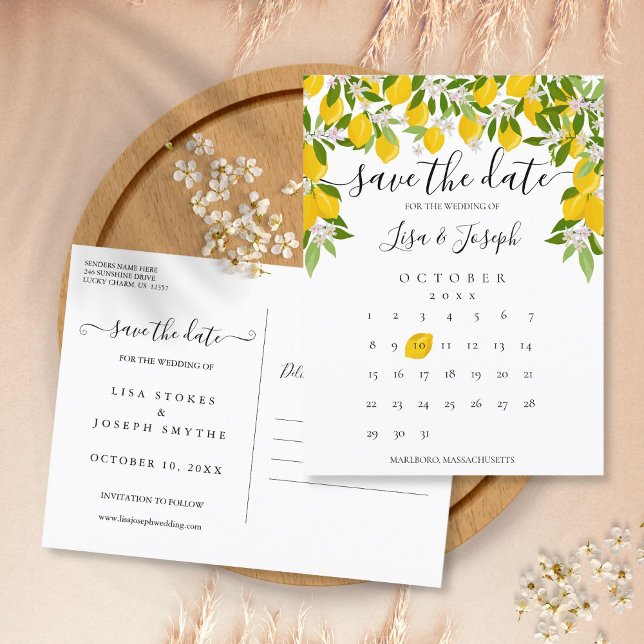 Save the Date Calendar Lemons Blossom Announcement Postcard (Creator Uploaded)