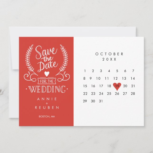 Save the Date Calendar Red Love Heart (Front)