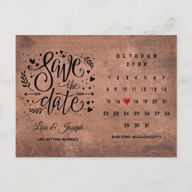 Save the Date Calendar Red Love Heart Rustic Wood Announcement Postcard (Front)