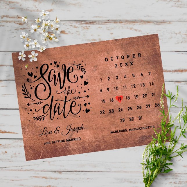 Save the Date Calendar Red Love Heart Rustic Wood Postcard (Creator Uploaded)