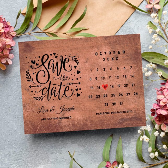 Save the Date Calendar Red Love Heart Rustic Wood Postcard (Creator Uploaded)