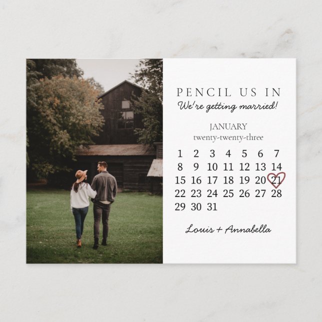 Save the Date Calendar Rose Heart Jan 2023 Month Postcard (Front)