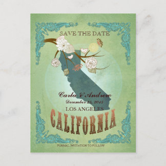 Save The Date - California Map With Lovely Birds Announcement Postcard