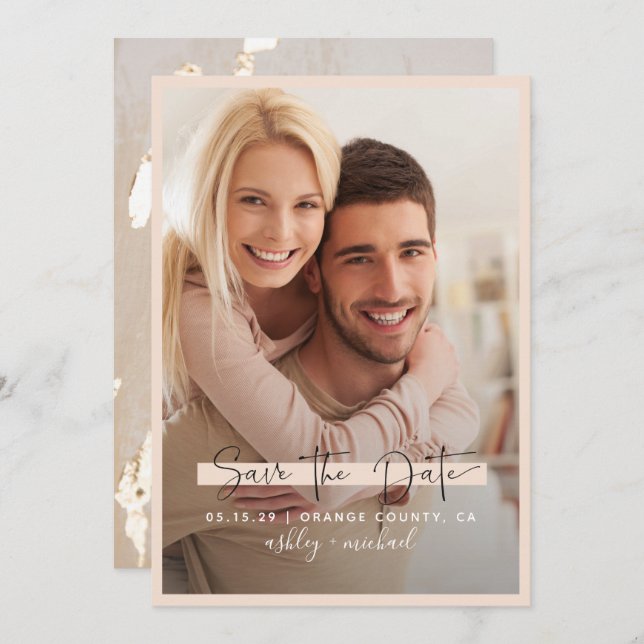 Save the Date Calligraphy Photo Blush Wedding Invitation (Front/Back)