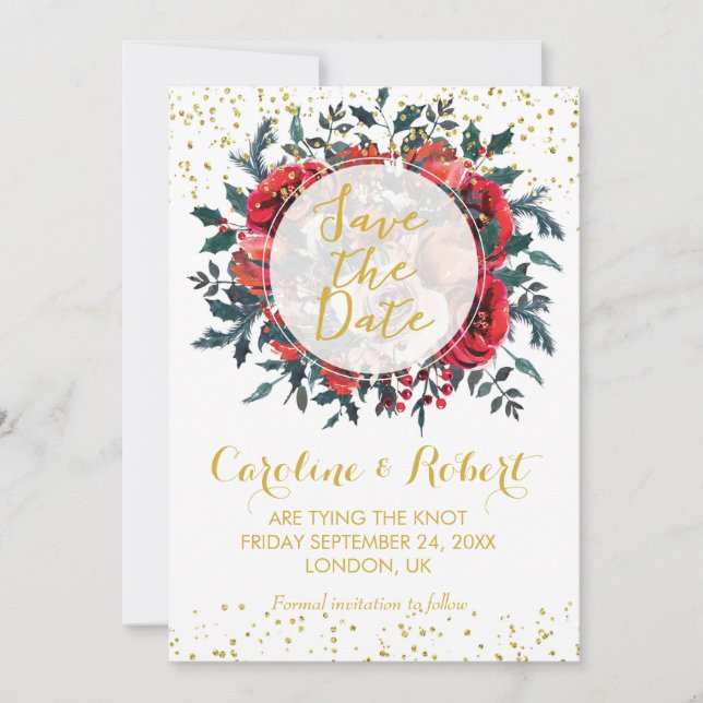 Save the date card gold glitter christmas floral (Front)