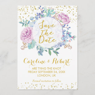 Save the date card gold glitter floral succulents