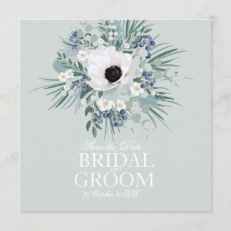 Save the date card white anemone sage green