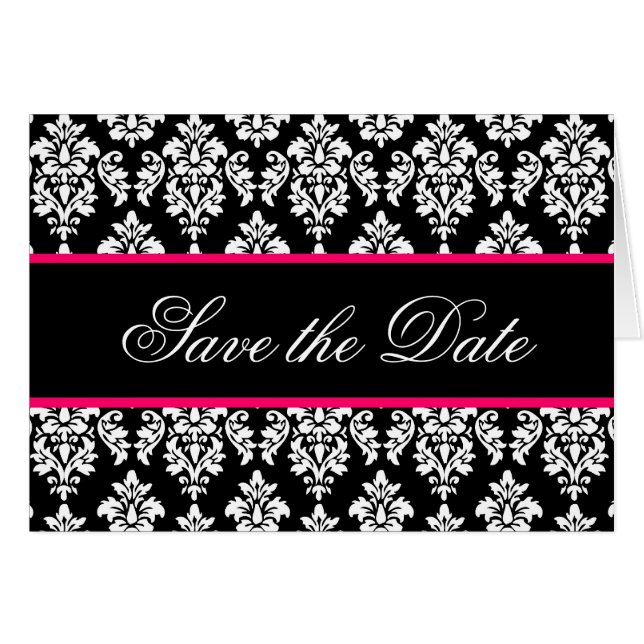 Save the Date Cards Monogram Hot Pink Damask (Front Horizontal)