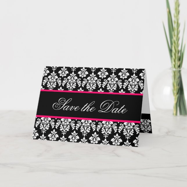 Save the Date Cards Monogram Hot Pink Damask (Front)
