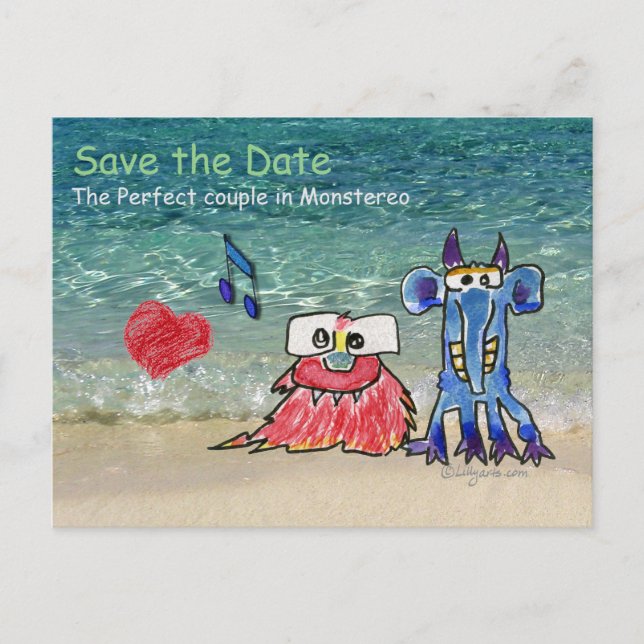 Save the Date Cartoon Duet Monstars Postcard (Front)