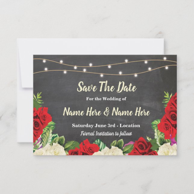 Save The Date Chalk Rustic Red Roses Lights Invite (Front)