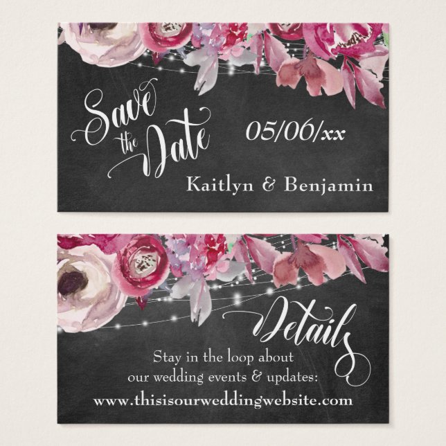 Save the Date Chalkboard Lights Floral Details (Front & Back)