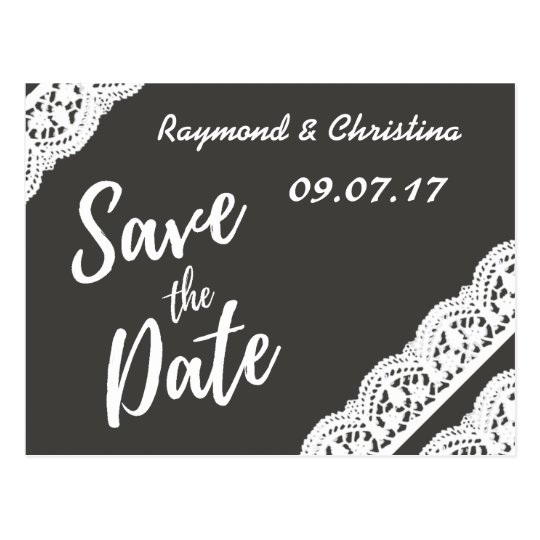 Save the date charcoal grey and lace card