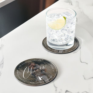 Save the Date Cheer! Free Drinks & A Wedding Photo Round Paper Coaster