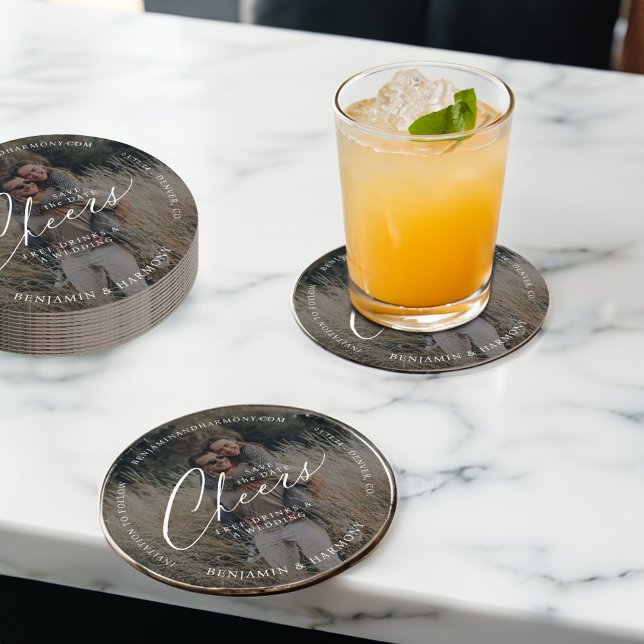 Save the Date Cheer! Free Drinks & A Wedding Photo Round Paper Coaster (Save the Date Cheer! Free Drinks & A Wedding Photo Round Paper Coaster)